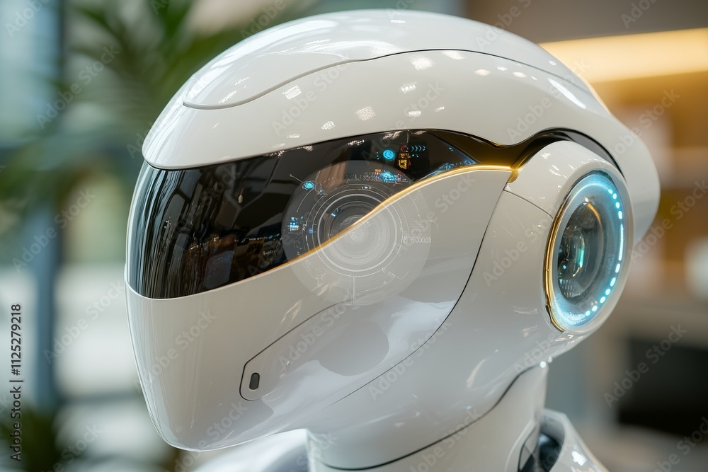 Poster futuristic robotic head with advanced features and sleek design displayed in a modern technology sho
