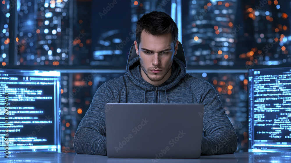 Poster focused software developer working on laptop in modern office at night, surrounded by glowing screen