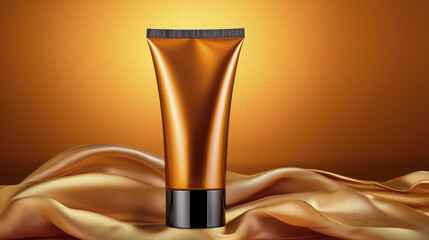 Sleek beauty product in golden tube on silky background, exuding luxury and elegance. Perfect for skincare or cosmetic branding