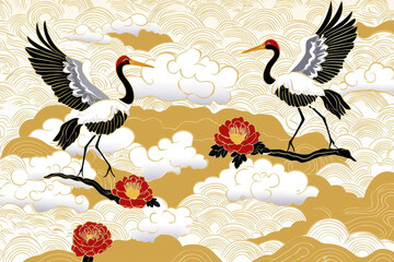 Obraz premium Elegant cranes soar gracefully among stylized clouds and vibrant flowers, embodying traditional Chinese artistry. This captivating scene reflects harmony and beauty in nature