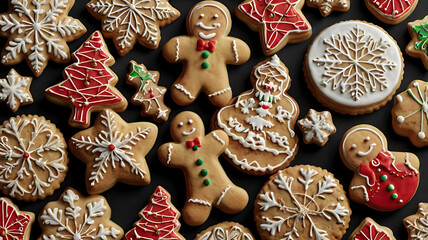 Assorted Christmas gingerbread cookies on dark background.