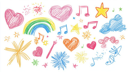 Children's drawing on a white background. Heart, cloud, flower, rainbow, pencil, star