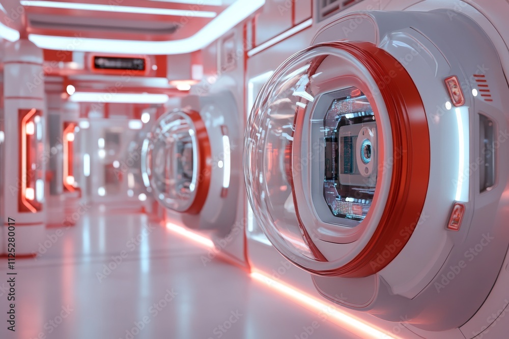 Poster futuristic corridor with high-tech pods featuring sleek design and glowing lights in a modern space 