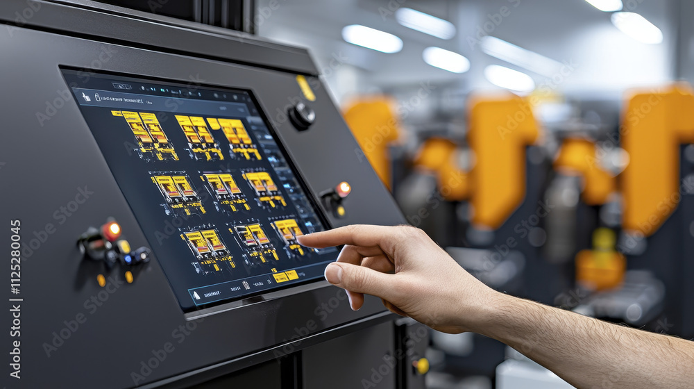 Poster employee interacts with touchscreen control panel modern industrial setting, showcasing advanced tec