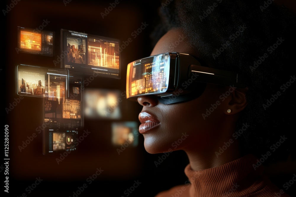 Poster woman engages with virtual reality technology, immersed in a digital environment full of data and vi