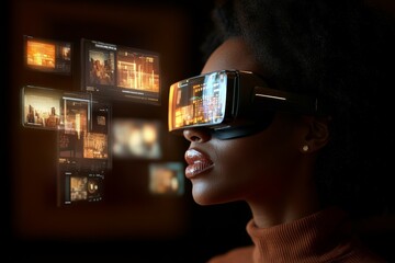 Woman engages with virtual reality technology, immersed in a digital environment full of data and visual displays in a modern setting