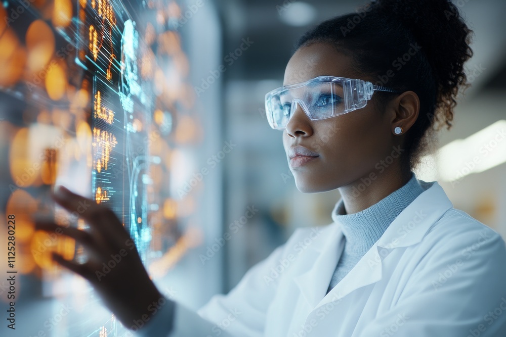 Poster scientist interacts with advanced technology in a modern laboratory setting