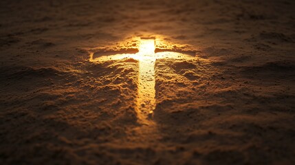A minimalist Christian cross symbol etched in fine sand, softly illuminated by warm light, dark background	
