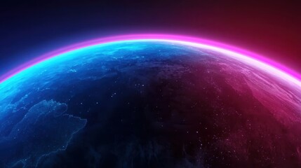 A vibrant view of Earth from space, featuring glowing blue and pink hues along the curvature of the planet against a dark backdrop.