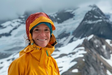 Portrait of a happy caucasian woman in her 40s wearing a vibrant raincoat while standing against pristine snowy mountain