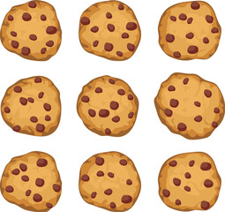 vector set of chocolate chip whole cookies isolated on white background. symbols of homemade biscuit choc cookie. flat clipart collection