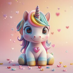 Naklejka premium Cute pastel unicorn character with colorful mane and sparkling horn in a heart-filled background