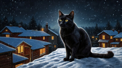 Black cat sitting on snowy roof at night, overlooking a small village with warm lights.