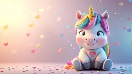 Naklejka premium Cute cartoon unicorn character with colorful mane and hearts in the background during a cheerful celebration