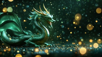 Fototapeta premium An Elegant Green Dragon Amidst Sparkling Lights
