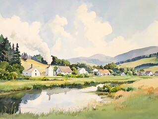 Fototapeta premium Serenity in Soft Watercolor A Tranquil Countryside View of Nature's Peaceful Landscape
