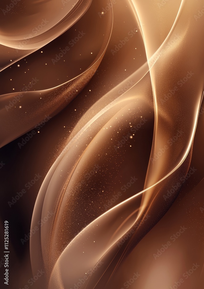 Poster mocha mousse color 2025,fluid abstract design showcasing warm tones and elegant curves with shimmeri