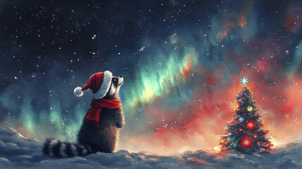 Obraz premium raccoon wearing Santa hat and scarf gazes at colorful Christmas tree under starry night sky filled with northern lights, creating magical winter scene