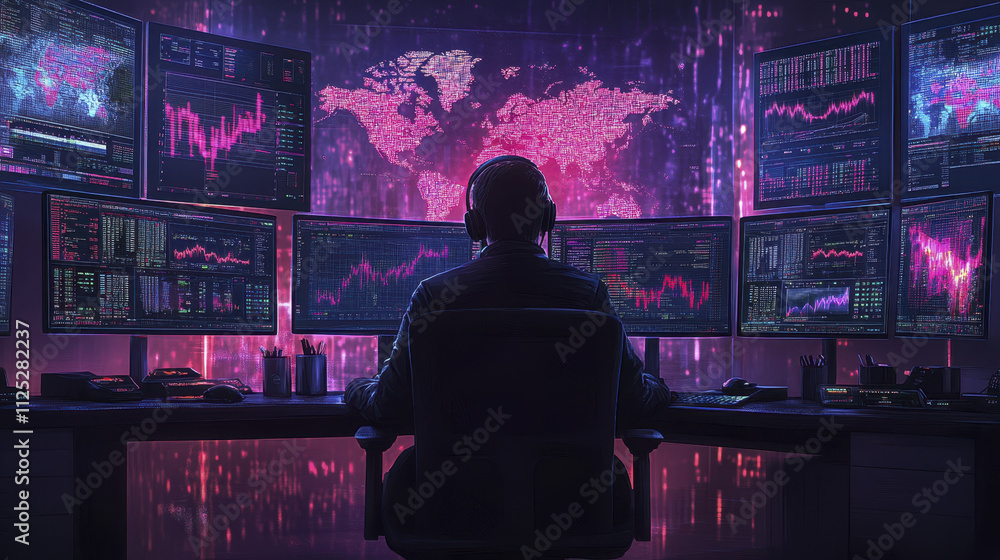 Poster person sitting front of multiple computer screens displaying financial data and stock market graphs,