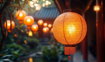 Glowing red lanterns decorate  building, creating festive atmosphere.  Lunar New Year, Spring...