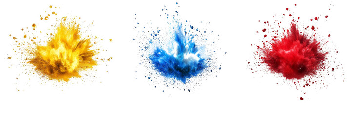 Triple Color Explosion Yellow, Blue, Red Powder Clouds Isolated on White Background, Abstract, Splash, Design