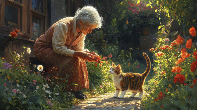 elderly woman interacts gently with cat in vibrant garden filled with flowers. scene radiates warmth and joy, capturing moment of connection and tranquility - Powered by Adobe