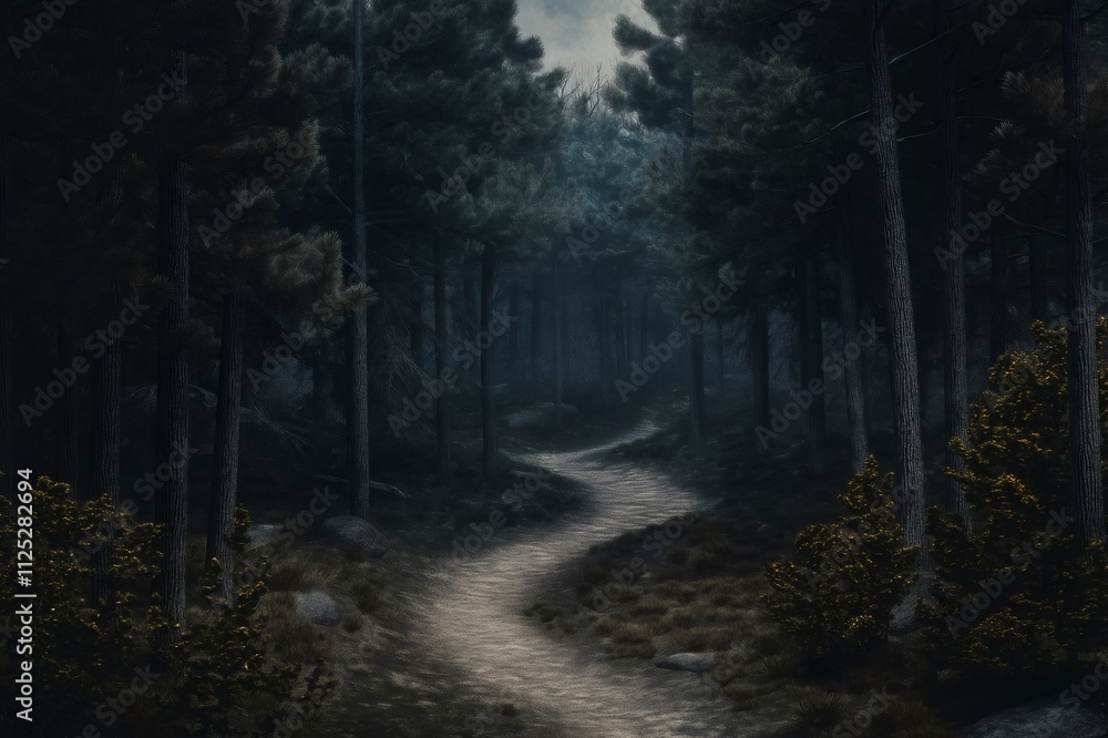 Poster pathway winding through a mysterious forest with tall pine trees at twilight, creating a serene and 