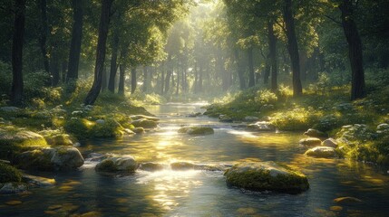 Fototapeta premium Here's a and keyword list suitable for stock photo submission.. Sunlit stream flows through a tranquil forest, dappled sunlight on water and mossy rocks.
