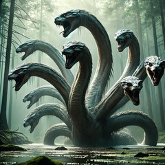 Hydra, a many-headed monster from ancient Greek mythology. When it loses a head, it grows two new ones. Water snake. Deadly breath and poisonous saliva. Lernaean Hydra or Hydra of Lerna. Generative AI