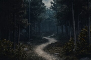 Obraz premium Pathway winding through a mysterious forest with tall pine trees at twilight, creating a serene and moody atmosphere