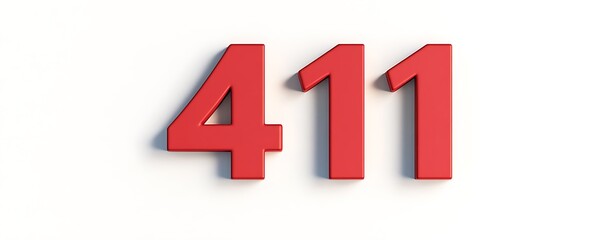 A minimalist 3D number "411" in matte red, with smooth shadows on a solid white background,