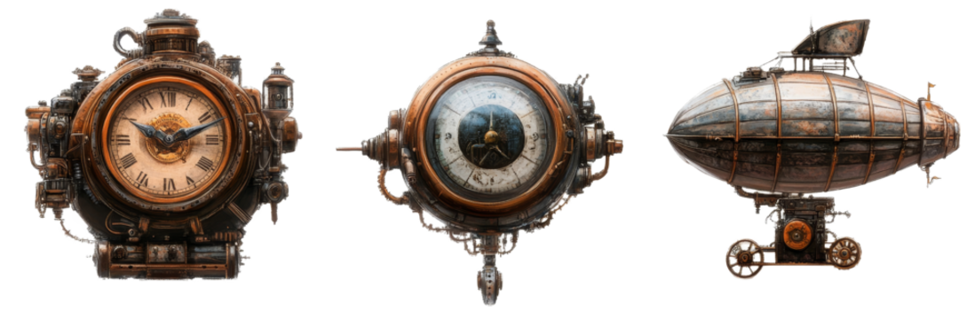 Steampunk Clockwork Airship Triple Composition Digital Painting, Isolated on White Background