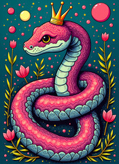 Year of the Snake, 2025, Chinese new year poster with a cartoon character of a Snake wearing a crown. Chinese zodiac poster.