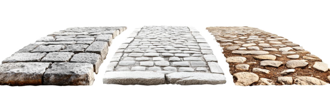 Perspective View of Three Stone Road Sections Cobblestone, Rough-Hewn, and Gravel Paths, Isolated on White Background, 3D Render, Stone Texture, Paving