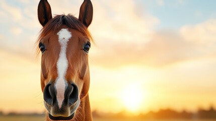Fototapeta premium A brown horse with a white spot on its face looking at the camera