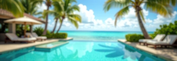 Obraz premium blurred tropical resort scene with serene pool, lush palm trees, and stunning ocean view under sunny sky. travel, vacation ads, and relaxation concept, banner background with copy space.