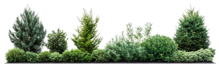 Green Hedge Composition Evergreen Shrubs and Conifers Isolated on White Background, Landscape Design, Garden Plants, Botany,Evergreen, hedge, shrub, conifers