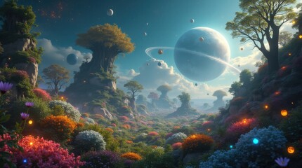 Surreal Space Garden: Futuristic Robots Tending Floating Flora