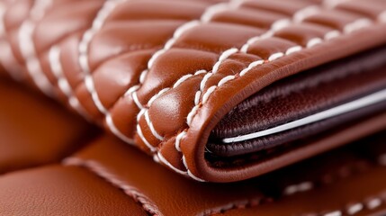 Obraz premium A close up of a brown leather wallet with white stitching
