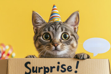 Surprised cat wearing party hat peeking out of box with yellow background. This adorable scene captures joy of celebration and surprise