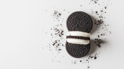 Two chocolate sandwich cookies with cream filling