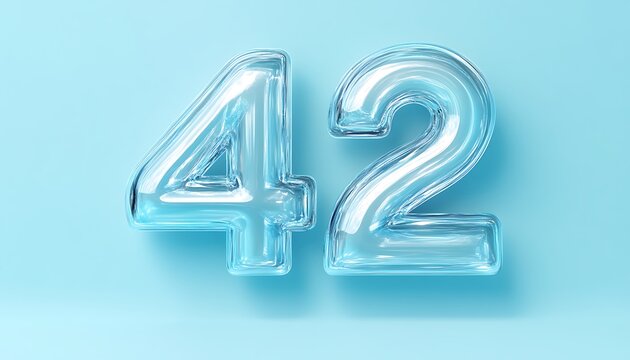 3D "42" text with a glossy transparent effect, floating against a solid light blue background - Powered by Adobe