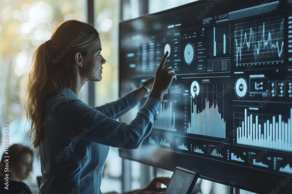 Poster professional woman interacting with data on digital screen, showcasing analytics and graphs in moder