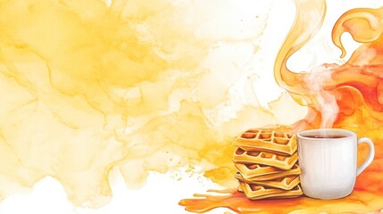 A cozy scene featuring steaming coffee beside a stack of waffles against a vibrant, watercolor background.