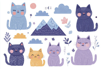 Cute illustrated collection of playful cats, mountains, and clouds, featuring various colors and expressions, perfect for children decor or playful designs