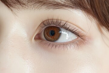 Obraz premium Stunning close-up of a Japanese woman: striking brown eyes, delicate skin, and a unique mole against a minimalist backdrop