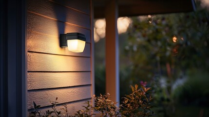 Motion sensor light illuminating home exterior at dusk outdoor lighting residential area serene atmosphere focus on safety