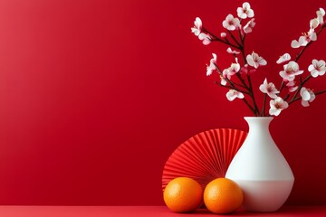 Celebrating Chinese New Year with tangerines and peach blossoms in a minimalist setting