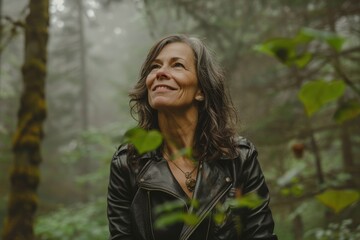 Portrait of a happy woman in her 50s sporting a classic leather jacket over backdrop of a mystical forest