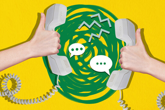 Trend artwork poster composite sketch image collage of incognito hands hold landline phone call talk service help textbox cloud message
